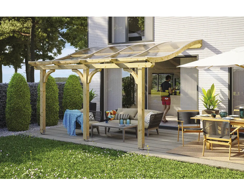 Zastřešení terasy SKAN HOLZ Venezia 434 x 289 cm neošetřené laminované dřevo Zastřešená terasa s dřevěným rámem, sedacím nábytkem a zahradním stolem pro venkovní použití