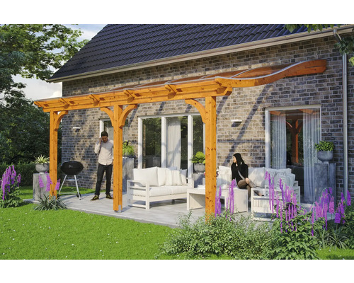 Zastřešení terasy SKAN HOLZ Venezia 541x239 cm, lepené lamelové dřevo světlý dub Dřevěná pergola s průhlednou střechou na terase se zahradním nábytkem