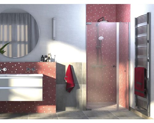 Koupelna se sprchou, umyvadlem a radiátorem