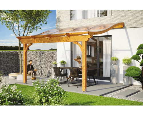 Zastřešení terasy SKAN HOLZ Verona 434x239 cm, lepené lamelové dřevo světlý dub Dřevěná pergola s průhlednou střechou na terase s posezením