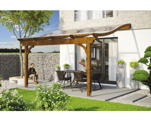 Zastřešení terasy SKAN HOLZ Verona 434x239 cm, lepené lamelové dřevo ořech Dřevěné zastřešení terasy se zahradním nábytkem na terase