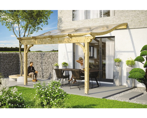 Zastřešení terasy SKAN HOLZ Verona 434 x 389 cm lepené lamelové dřevo neošetřené Dřevěná pergola s jídelním stolem a posezením v zahradě
