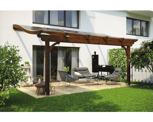 Zastřešení terasy SKAN HOLZ Verona 541x389 cm, ořech lepené lamelové dřevo Terasa s dřevěným přístřeškem, zahradním nábytkem a grilem