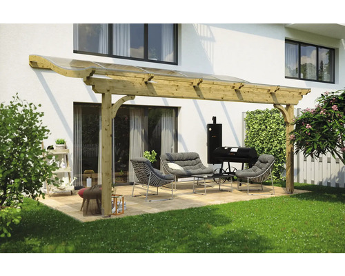 Zastřešení terasy SKAN HOLZ Verona 541 x 239 cm lepené lamelové dřevo neošetřené Terasa s dřevěným přístřeškem, sedacím nábytkem a grilem