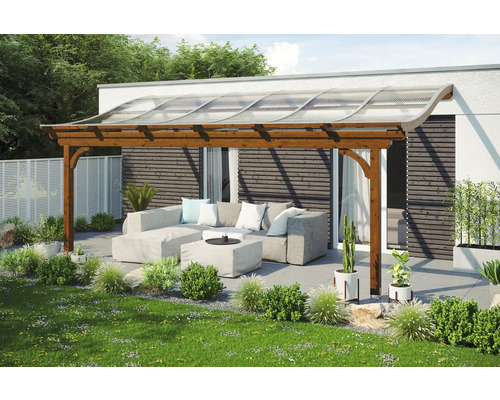 Zastřešení terasy SKAN HOLZ Verona 648x289 cm, lepené lamelové dřevo ořech Dřevěné terasové zastřešení s průhlednou střechou a posezením v zahradě