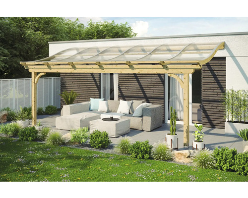 Zastřešení terasy SKAN HOLZ Verona 648 x 239 cm lepené dřevo bez povrchové úpravy Dřevěná terasa s posezením a průhlednou střechou pro venkovní použití