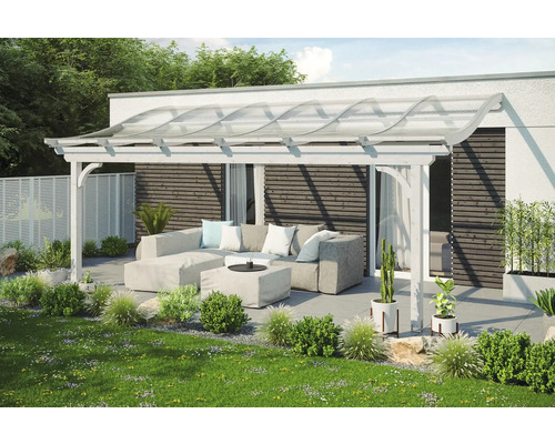 Zastřešení terasy SKAN HOLZ Verona 648 x 289 cm lepené lamelové dřevo bílé ošetřené Zastřešená terasa s posezením a rostlinami v zahradě