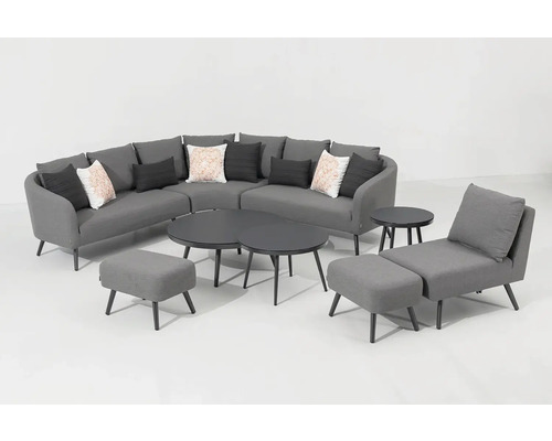 Šedá zahradní nábytková sestava s rohovou pohovkou, stoly, lehátkem a stoličkami