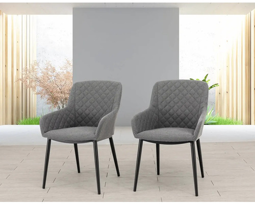 Dvě šedé jídelní židle s područkami a prošívaným potahem