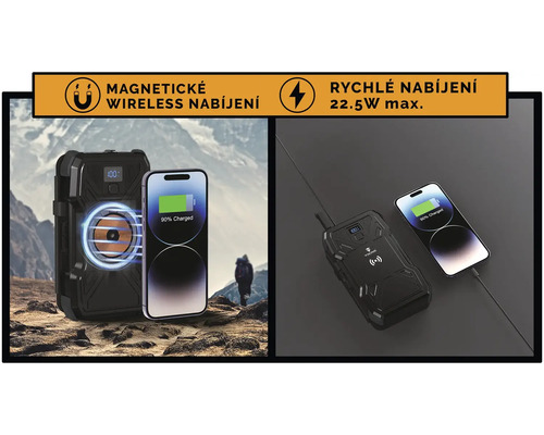 Obrázek mobilního telefonu magneticky a kabelem připojeného k černé elektrárně
