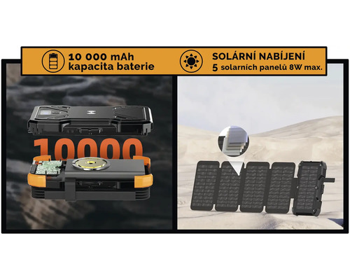 Powerbanka s kapacitou 10000 mAh a solární nabíječkou