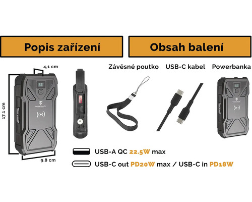 Obrázek powerbanky s USB-C kabelem a poutkem