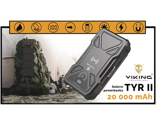 Solární nabíječka Viking Technology TYR II 20000 mAh vedle batohu