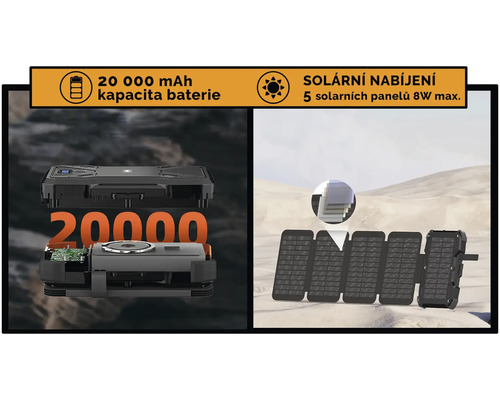 Přenosná solární nabíječka s kapacitou baterie 20000 mAh a pěti solárními panely