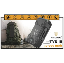 Solární nabíječka Viking Technology TYR III s kapacitou 30000 mAh a symboly pro vodotěsnost, nárazuvzdornost, indikátor stavu nabití, svítilnu, baterii, sluneční symbol, blesk a magnet