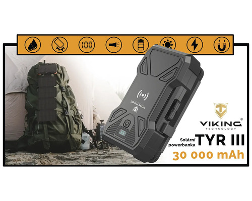 Solární nabíječka Viking Technology TYR III s kapacitou 30000 mAh a symboly pro vodotěsnost, nárazuvzdornost, indikátor stavu nabití, svítilnu, baterii, sluneční symbol, blesk a magnet