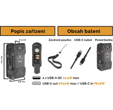 Obrázek powerbanky Viking s USB-C kabelem a poutkem na přenášení, včetně rozměrů
