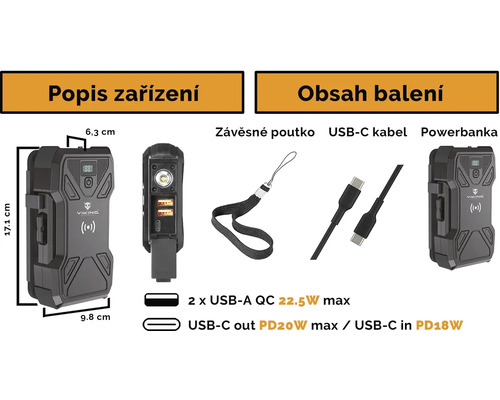 Obrázek powerbanky Viking s USB-C kabelem a poutkem na přenášení, včetně rozměrů