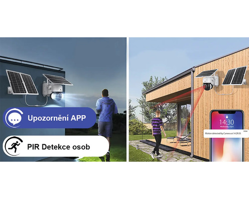 Venkovní kamera se solárním panelem pro sledování pozemků a budov.