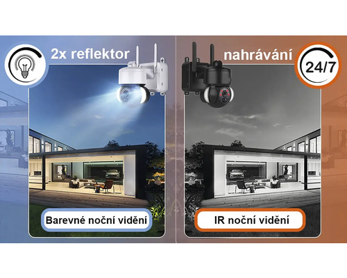 Venkovní kamera se dvěma reflektory pro barevné noční vidění a infračervené noční vidění pro 24hodinový záznam