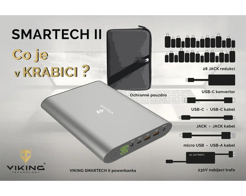 Sada powerbanky VIKING SMARTECH II s ochranným pouzdrem, USB adaptéry a kabely