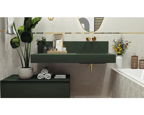 Koupelna s umyvadlem, skříňkou pod umyvadlem, zrcadlem a rostlinami