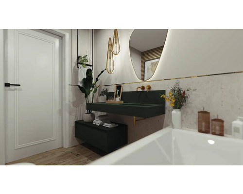 Moderní koupelna se zeleným umyvadlem, zrcadlem a rostlinami