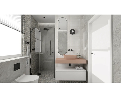 Koupelna se sprchou, umyvadlem, zrcadlem a toaletou