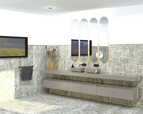 Koupelna s umyvadly, zrcadly, držákem na ručníky a dekorací