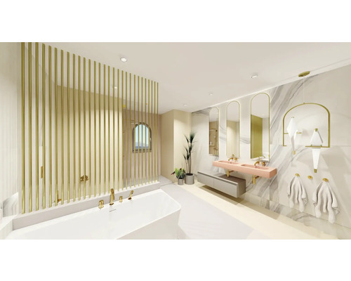 Světlá koupelna s vanou, umyvadlem, zrcadly a zlatými akcenty