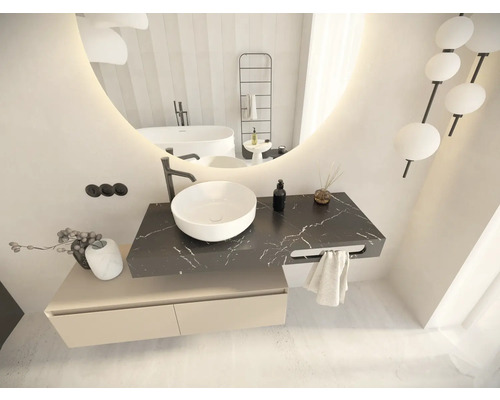 Moderní koupelna s kulatým zrcadlem, umyvadlem na desku, umyvadlovou skříňkou a vanou