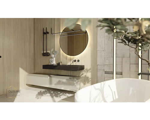 Koupelna s kulatým zrcadlem, umyvadlovou skříňkou a vanou