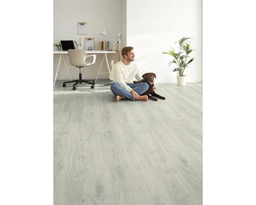 Světlá místnost s laminátovou podlahou, muž a pes sedí na podlaze