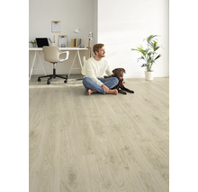 Světlá místnost s laminátovou podlahou, sedí na ní muž a pes, v pozadí stůl a kytara