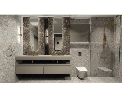 Světlá koupelna s dvojitým umyvadlem, zrcadly, toaletou a sprchou