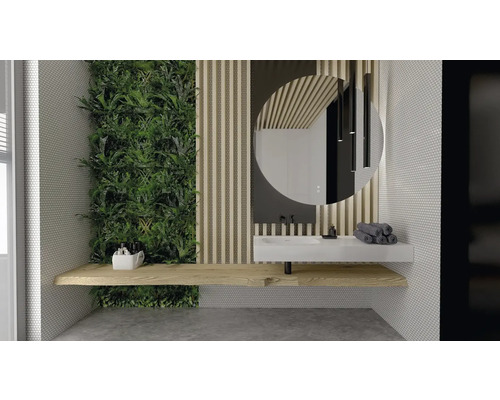 Moderní koupelna se stěnou z rostlin, umyvadlem, zrcadlem a dřevěnými prvky