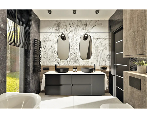 Moderní koupelna s dvojitým umyvadlem, zrcadly a grafickou tapetou