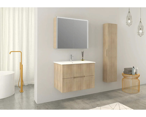 Koupelna s umyvadlovou skříňkou, zrcadlovou skříňkou a vysokou skříňkou