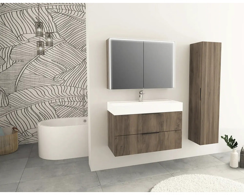 Koupelna s umyvadlem, zrcadlovou skříňkou a vysokou skříní v moderním designu