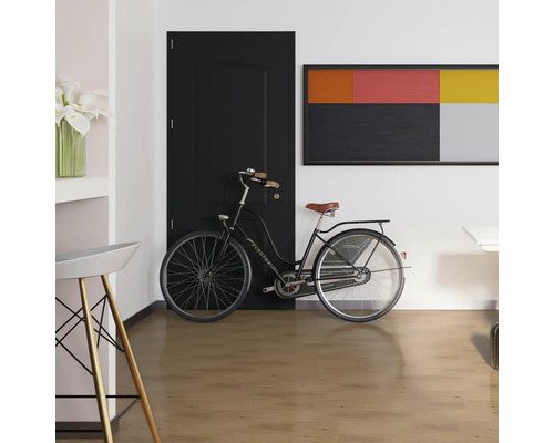 Interiér s dřevěnou podlahou, černými dveřmi, kolem a uměleckým dílem