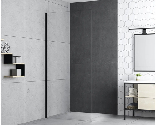 Walk In form&style MODENA 100 cm barva rámu černá dekor skla čiré sklo Moderní koupelna se sprchovým koutem, umyvadlem a zrcadlem