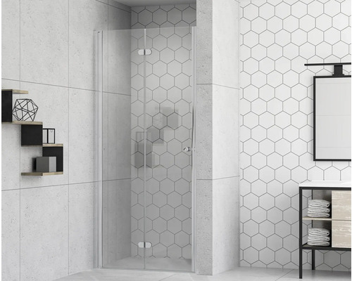 Sprchové dveře s otočnými skládacími dveřmi form&style MODENA 90 x 195 cm profil chrom čiré sklo povrchová úprava skla odpuzující nečistoty