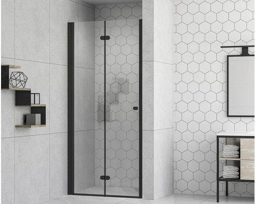 Sprchové dveře s otočnými skládacími dveřmi form&style MODENA 90 x 195 cm profil černá matná čiré sklo povrchová úprava skla odpuzující nečistoty