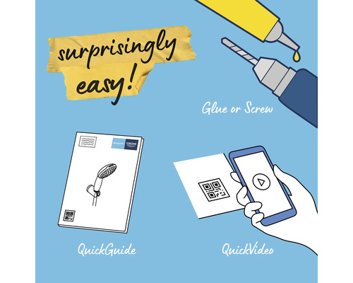 Ilustrovaný montážní návod s lepidlem, šroubem, QR kódem a video návodem