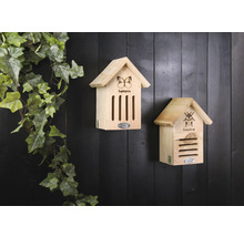 Dva dřevěné hotely pro hmyz visí na zdi vedle zelené rostliny.