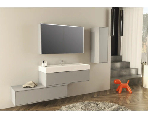 Moderní koupelna s umyvadlem, zrcadlovou skříňkou, závěsnou skříňkou a dekorativním psím objektem