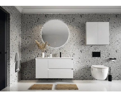 Moderní koupelna s umyvadlem, zrcadlem, skříňkou, toaletou a dekorací