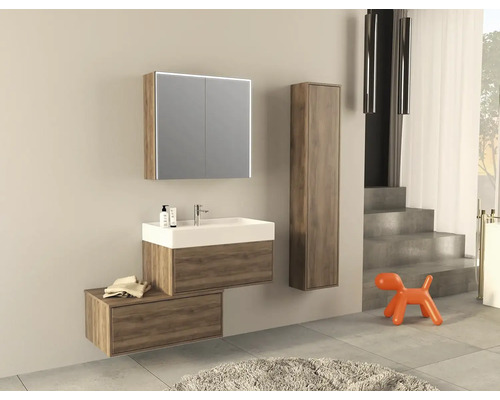 Koupelna s umyvadlem, zrcadlová skříňka a vysoká skříňka v moderním designu