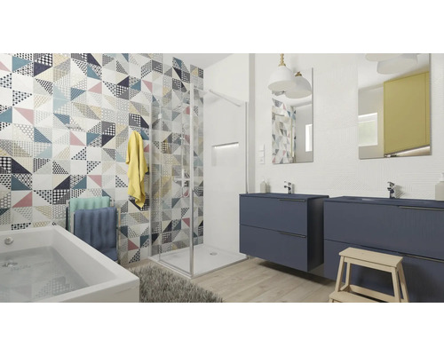 Světlá koupelna se sprchou, vanou, dvěma umyvadly a geometrickými obklady