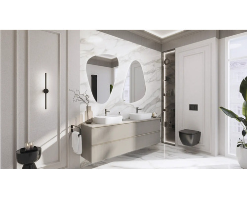 Moderní koupelna s dvojitým umyvadlem, zrcadly a závěsným WC